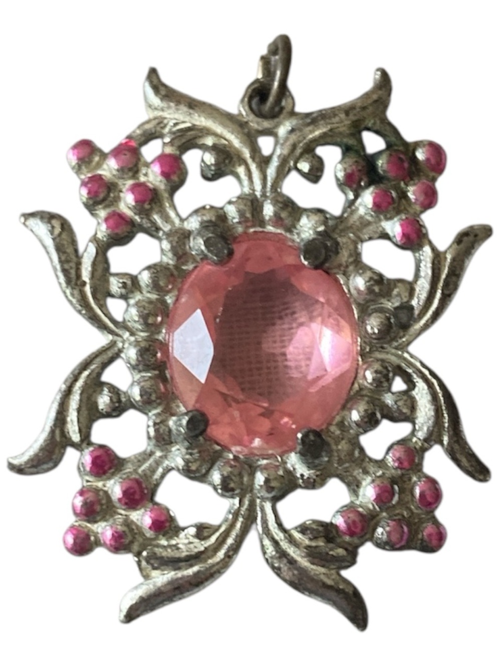 Vintage Wales pendant pink and silver tone flower and leaf design